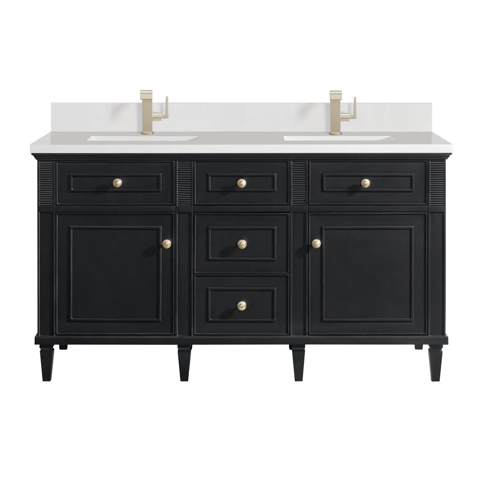 Lorelai 60" Vanity in Black Onyx with Champagne Brass hardware, featuring a spacious design and elegant finish