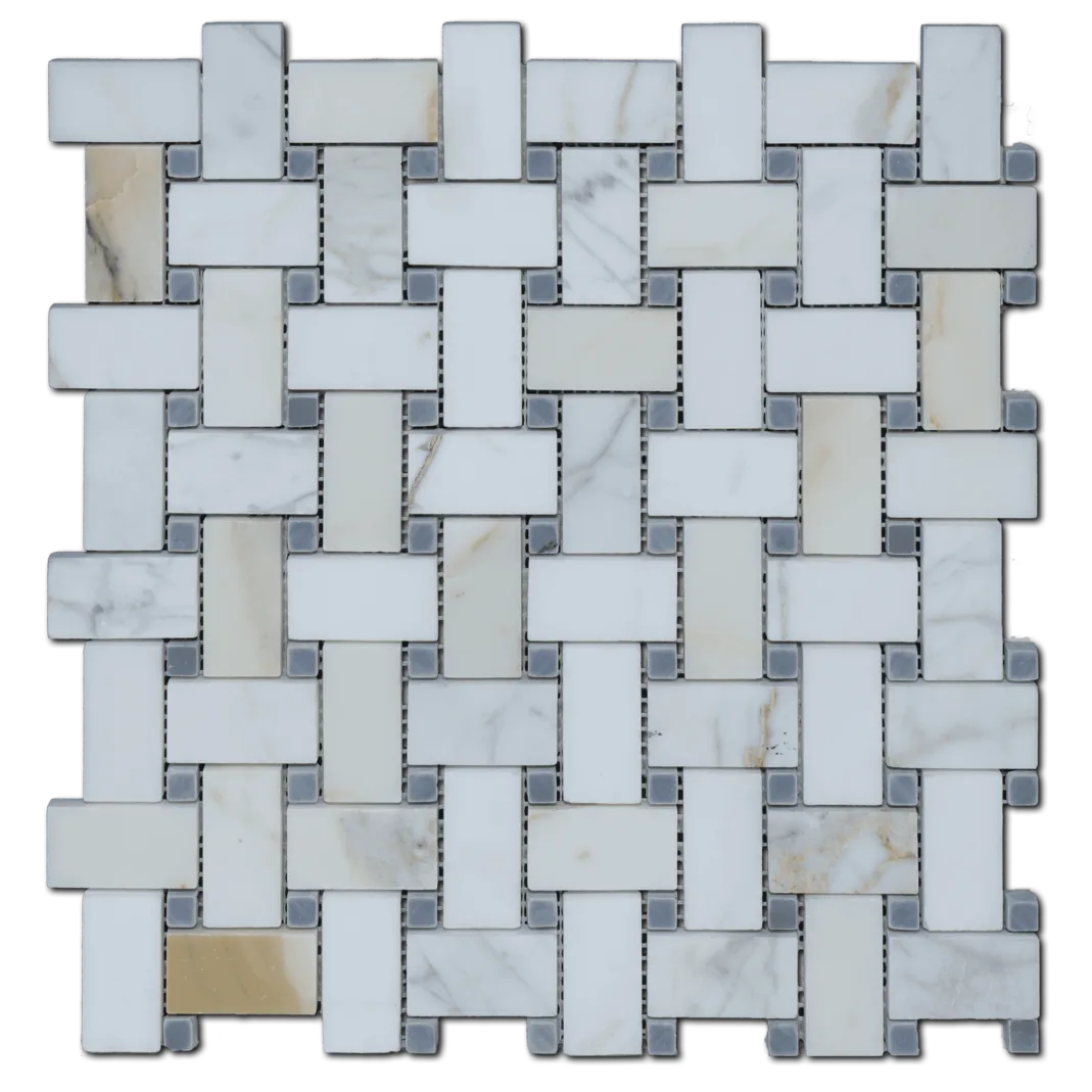 Calacatta Gold With Gray Dot Baksetweave Mosaic tile, polished marble, 8.5mm thickness