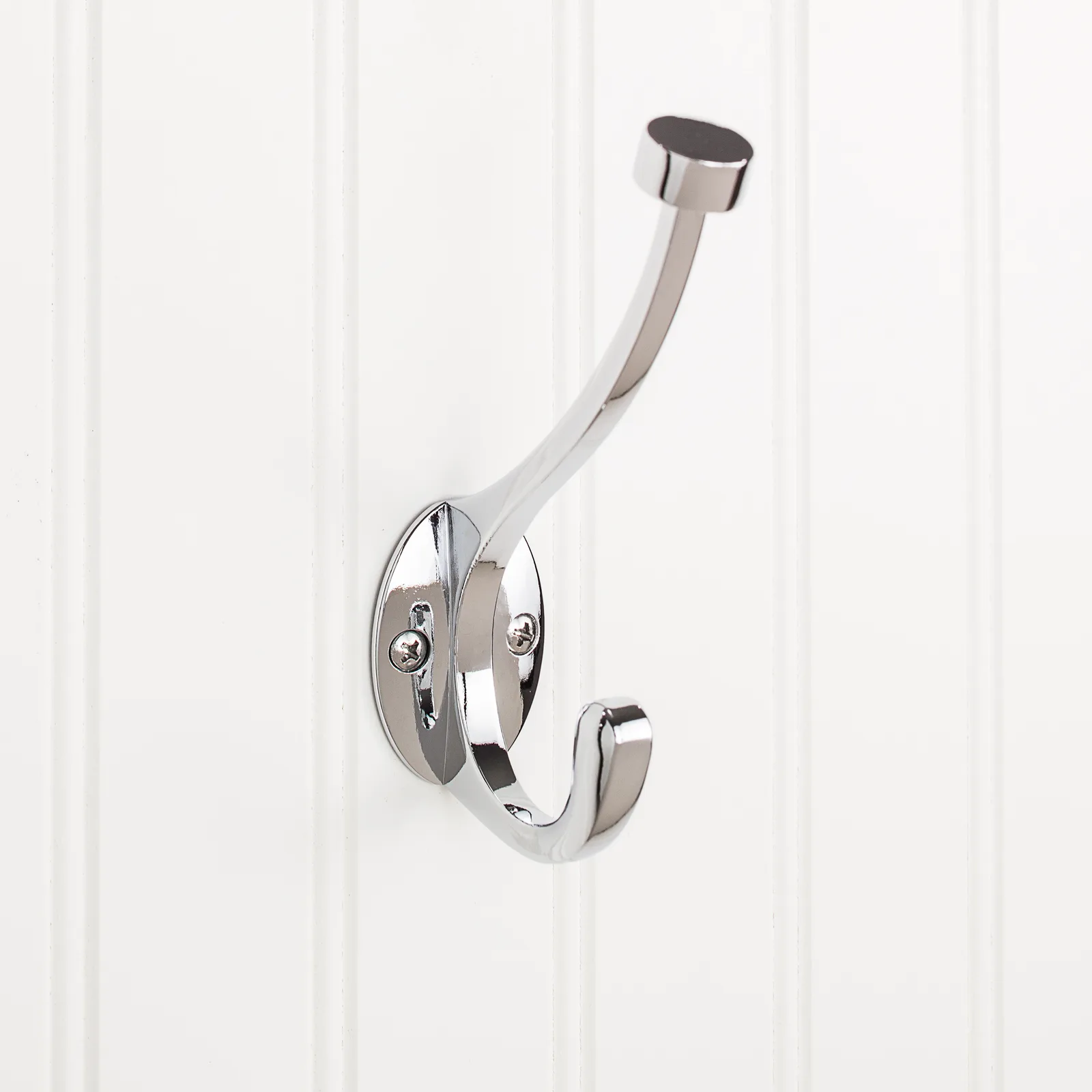 5-1/2" Double Zinc Wall Mount Hook in Polished Chrome finish, decorative hardware for stylish organization