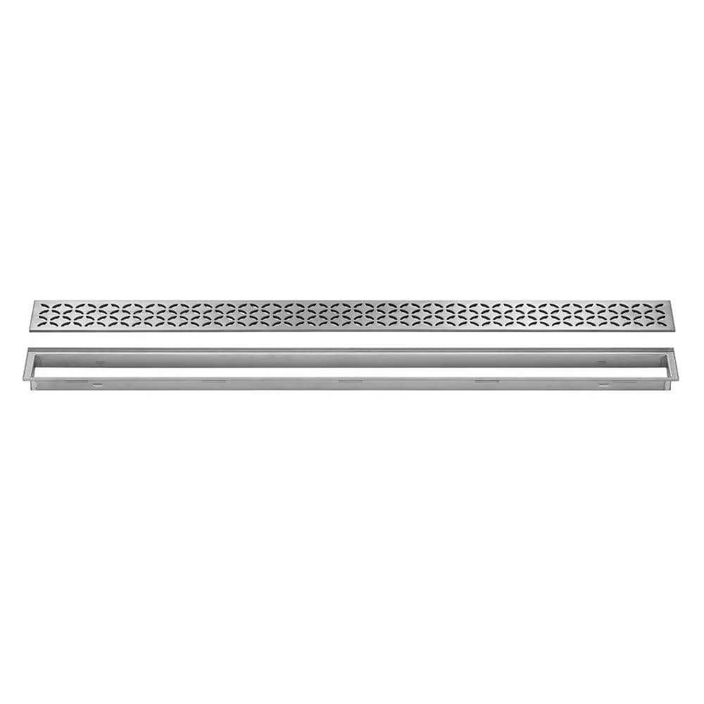 Schluter Kerdi-Line Floral Grate Assembly in brushed stainless steel, 39-3/8 in. size with a 29/32 in. frame, designed for shower systems.