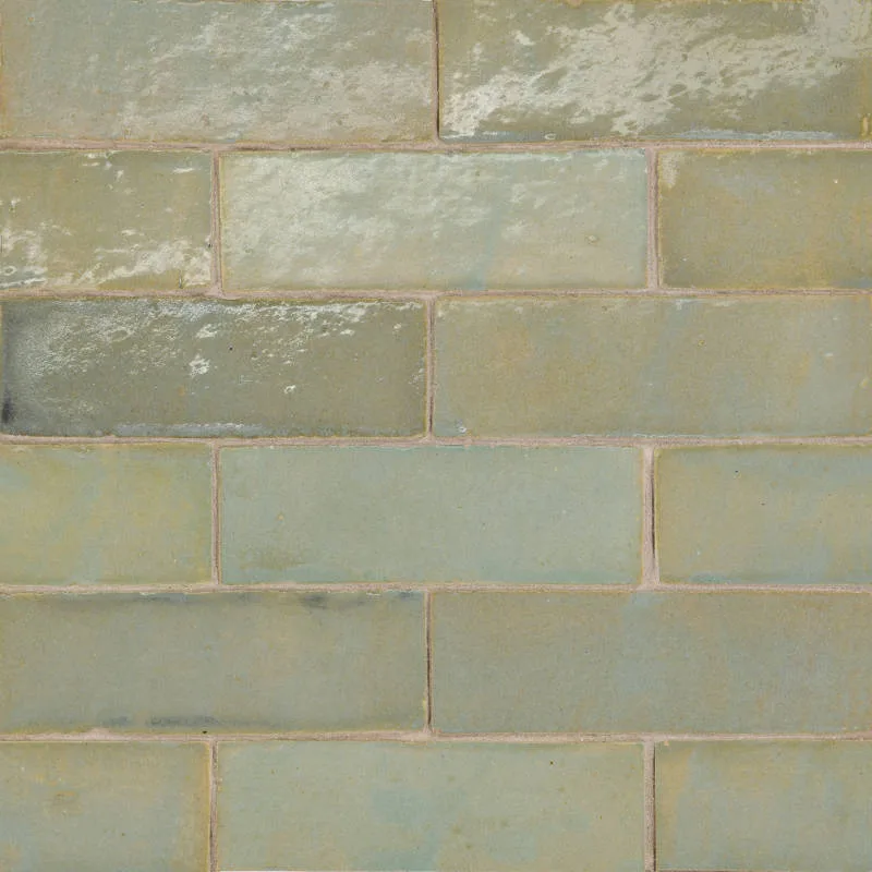 Vert Gris ceramic tile in glossy finish, 2x6 rectangle and 4x4 square sizes, ideal for floors and walls
