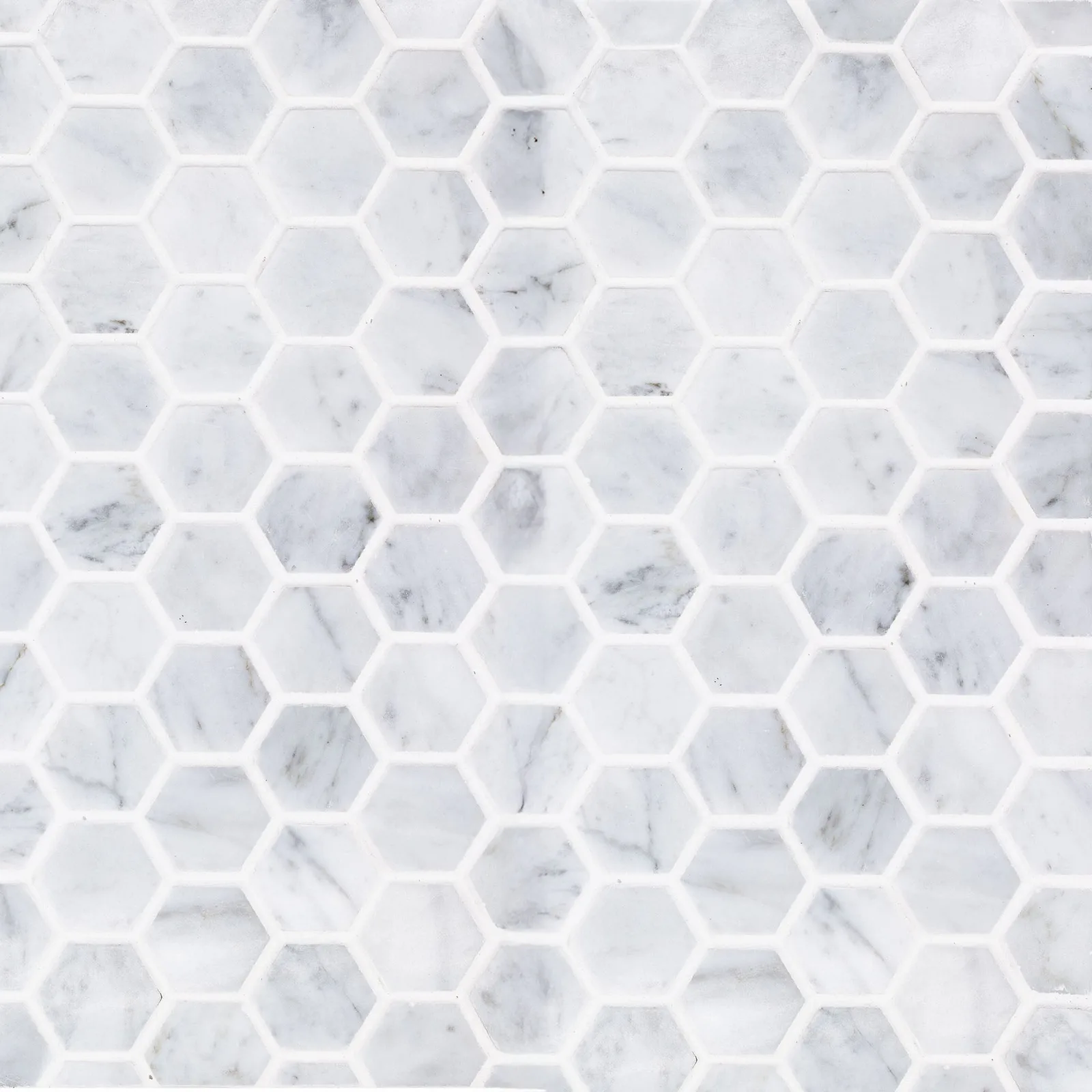 Sto-re Hexagon Porcelain Tile in Volakas and Ocean White, polished finish, 2-1/2" x 2-1/2" size