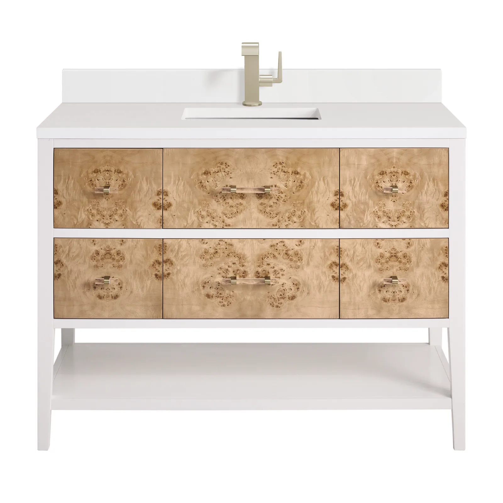 Olena 48" Vanity in Polished White and Light Mappa Burl, Beech material, modern luxe style
