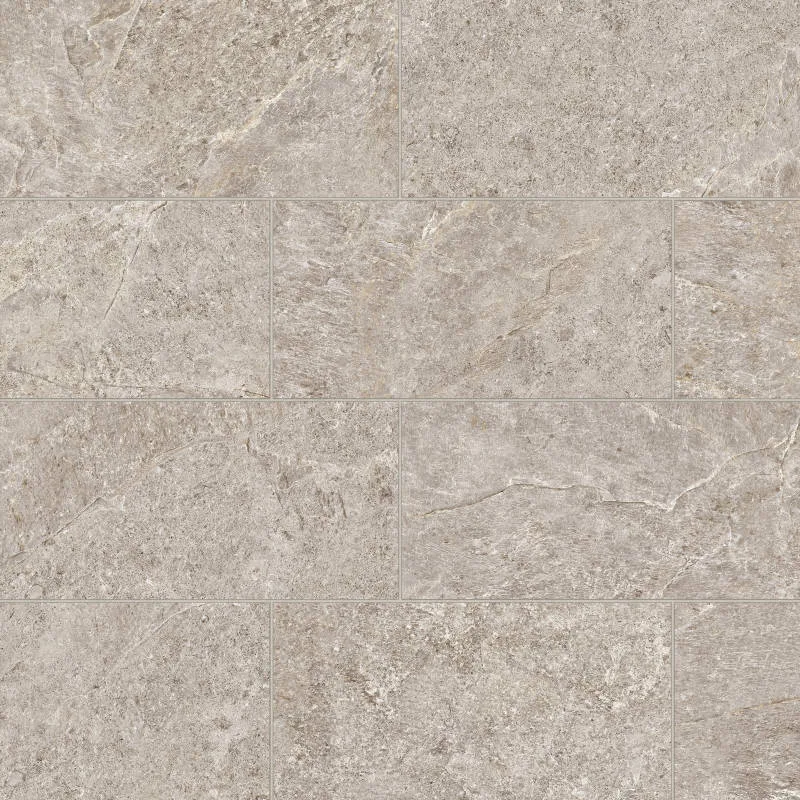 Pewter porcelain tile in matte finish, 12x24 and 24x48 sizes, suitable for floors and walls