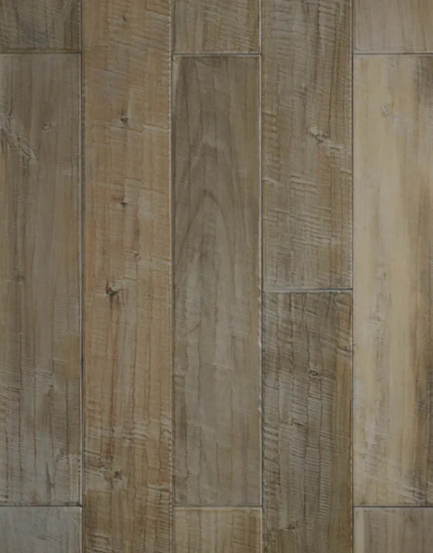 Rangal Solid Hardwood in brown wood finish, 3/4" thickness, acacia material, hand scraped distressed texture, 4.75" width, 48" random length planks.