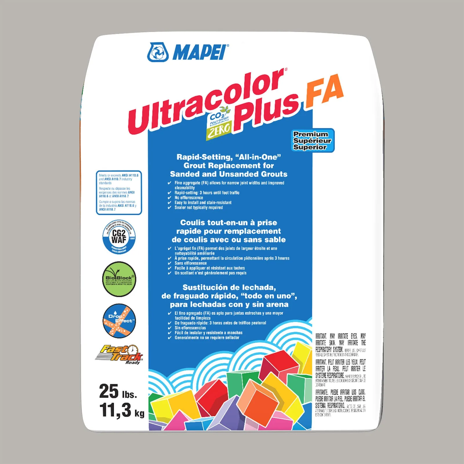 Mapei Ultracolor Plus FA Cobblestone grout 25-lb bag, all-in-one formula in a neutral cobblestone color