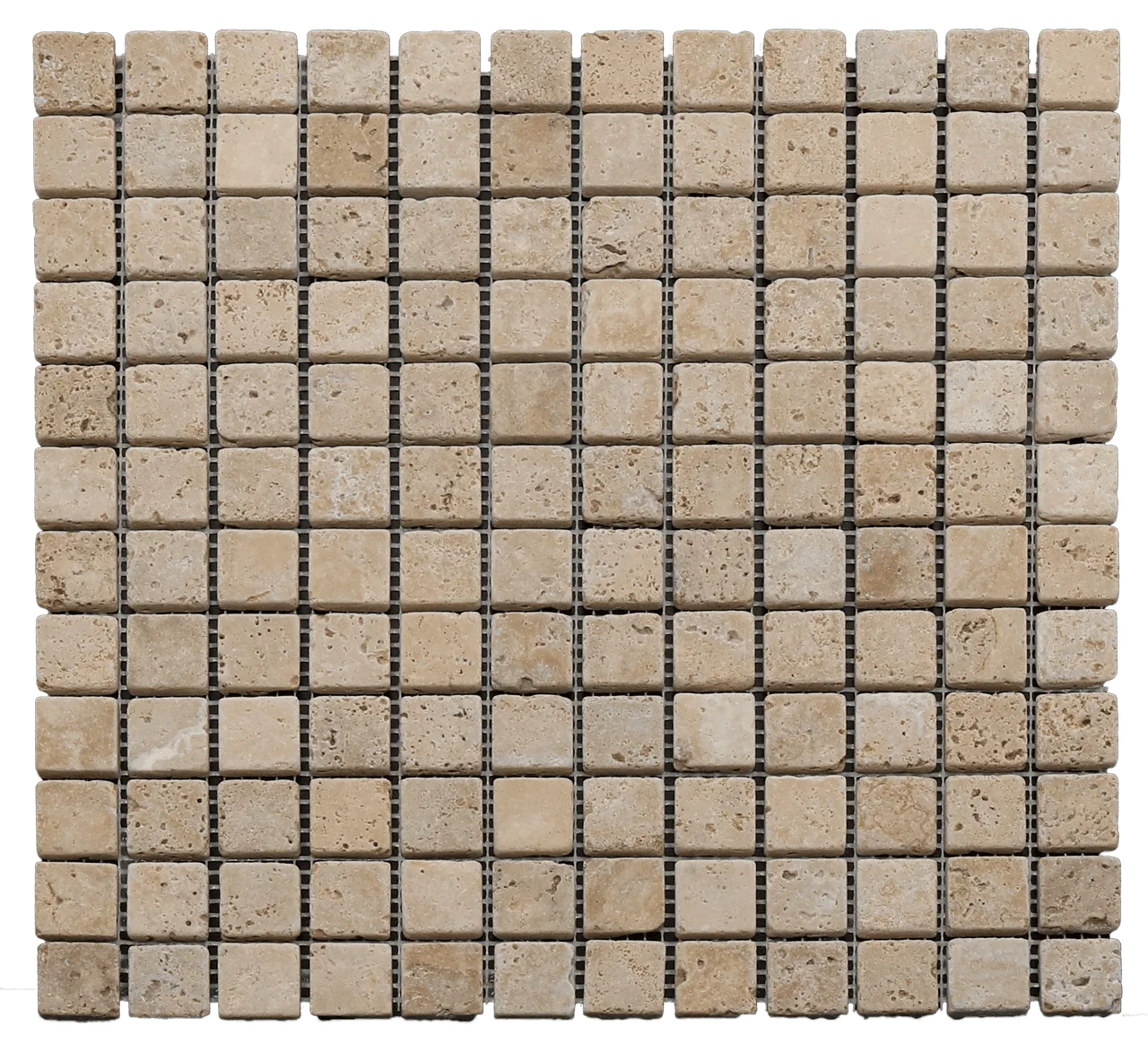 Tuscany Gold Square Mosaic Tile in tumbled travertine, 8.5mm thickness, perfect for floor and wall applications.
