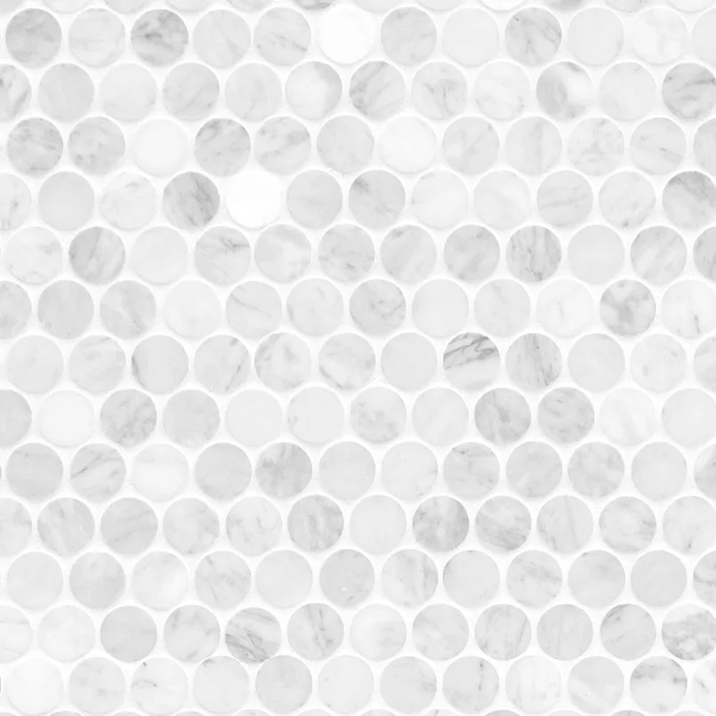 Carrara White Round Pattern mosaic tile, honed finish, 5/16 thickness, marble material