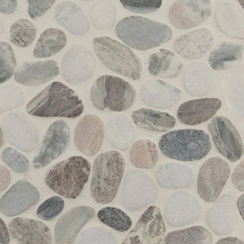 Puebla Greige Pebble mosaic tile, tumbled finish, 3/8 inch thickness, natural stone material