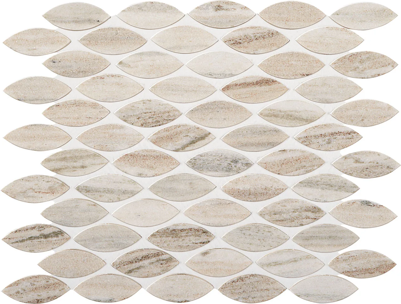 American Olean Ascend Stone Open Horizon Mosaic Tile in honed finish, 1x2 and 1x6 sizes, stone material with leaf pattern