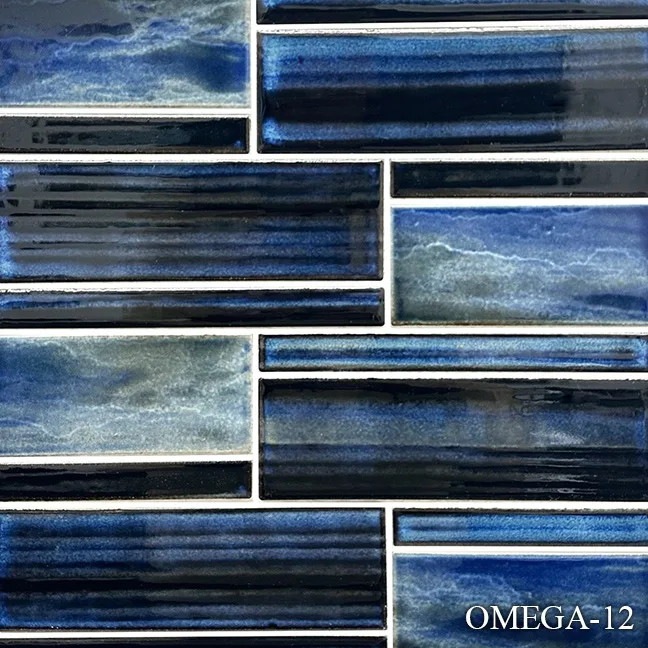 Omega Series Pool Tile in Dark Moon, Moonlight, Aqua Terra, and Blue Horizon colors, ceramic material, random size
