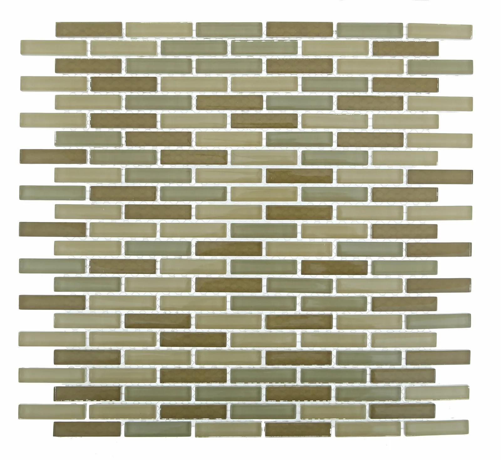 Elements Mosaic Tile in green, blue, and brown colors, glossy glass material, size 3/8x2