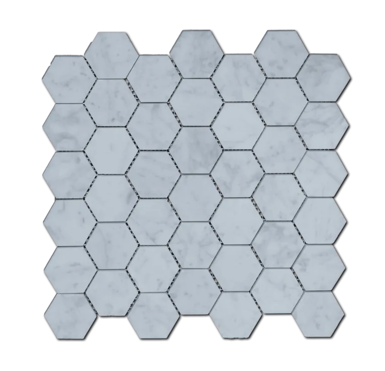 Carrara White 2" Hexagon Mosaic Tile in honed and polished marble finish