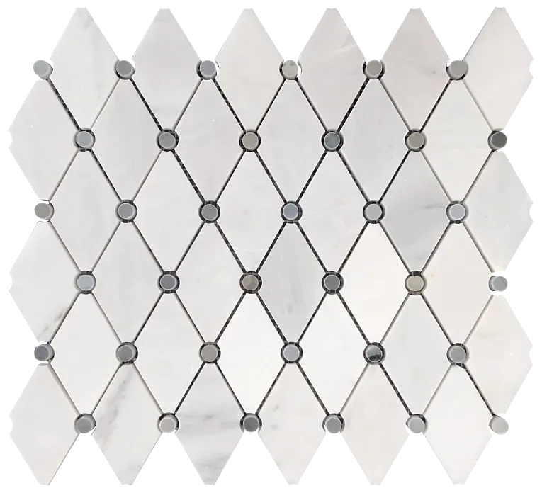 Fishing Net Oriental White W Blue Dot Mosaic Tile, polished marble, 13-1/2x11-3/4 size
