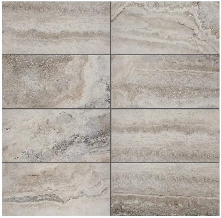 Trav Grey porcelain tile 12x24 size, grey color, rectified glazed finish
