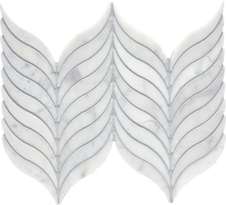Calacatta Gris Feather Mosaic Tile in honed marble finish, featuring geometric shapes and versatile size for various applications.