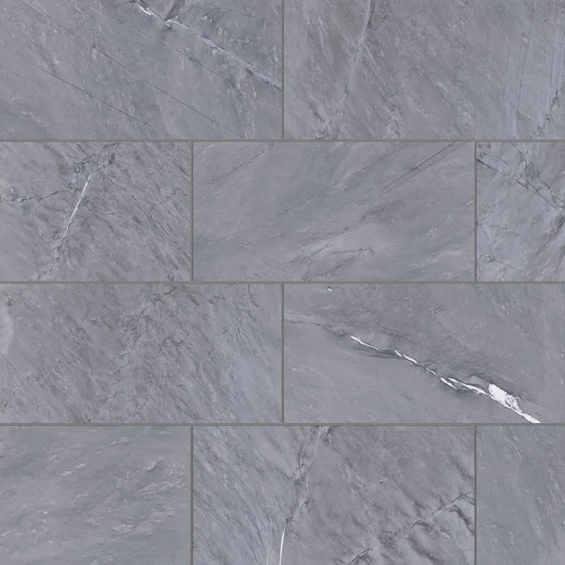 Breccia Grey porcelain tile in polished finish, 12x24 size, versatile for floors and walls