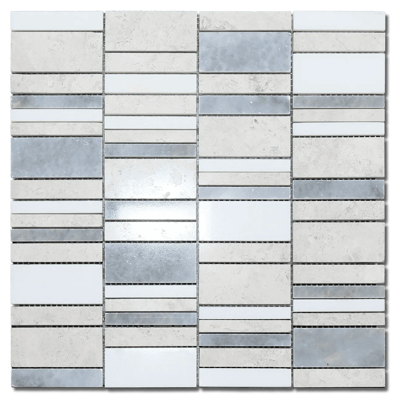Silver White Grey Random Brick Mosaic tile in polished marble finish, random brick pattern, 8.5mm thickness
