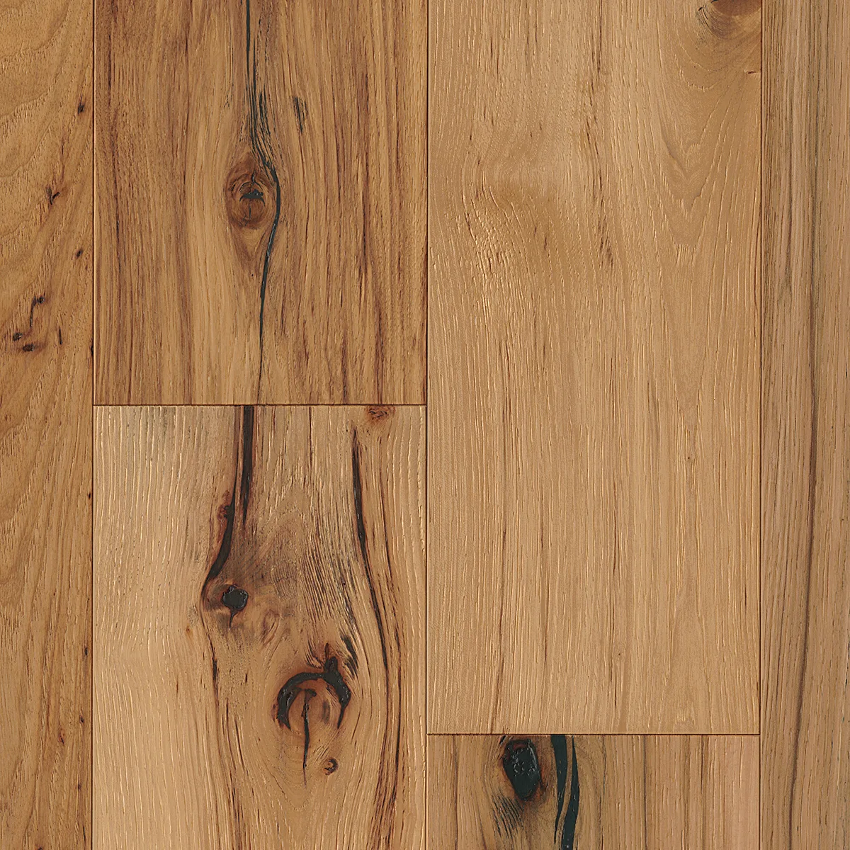 TimberBrushed Gold 7.5" Hickory engineered hardwood flooring with a brushed finish in deep gold tones