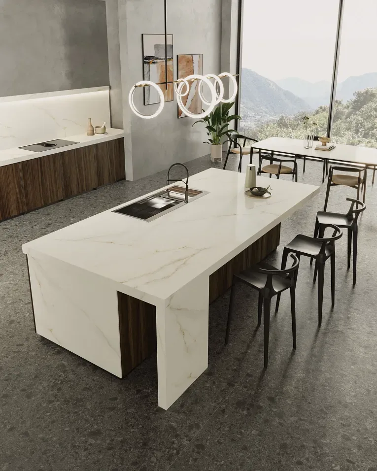 Della Terra Marvel Calacatta Apuano Polished Porcelain Slab in white with gray veining, 12mm thickness
