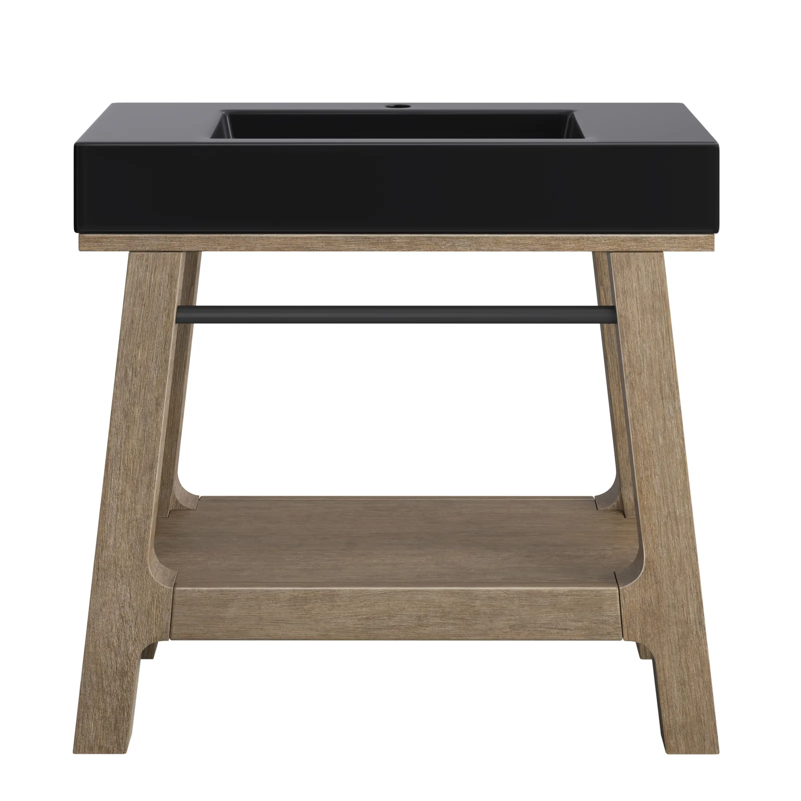 Auburn 35.9" Console Vanity in Weathered Timber with Mineral Composite Stone countertop, featuring Matte Black finish and integrated sink.