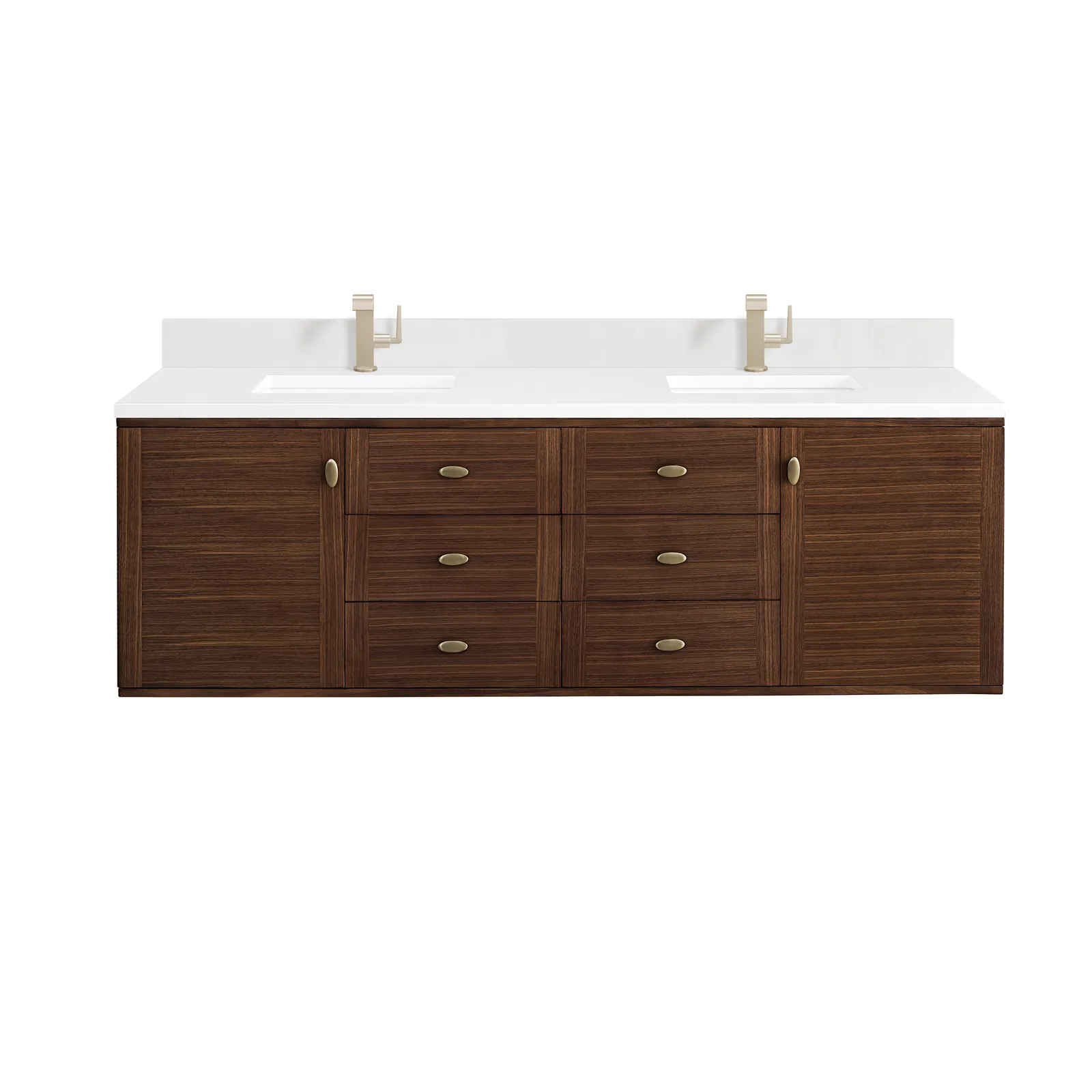 Amberly 72" Vanity in Mid-Century Walnut finish made of rubber wood with dual sinks and Champagne Brass hardware