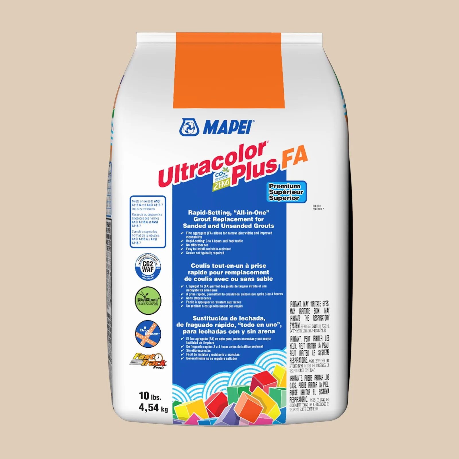 Mapei Ultracolor Plus FA Light Almond Grout 10-lb package, all-in-one grout in Light Almond color, ideal for tiling projects