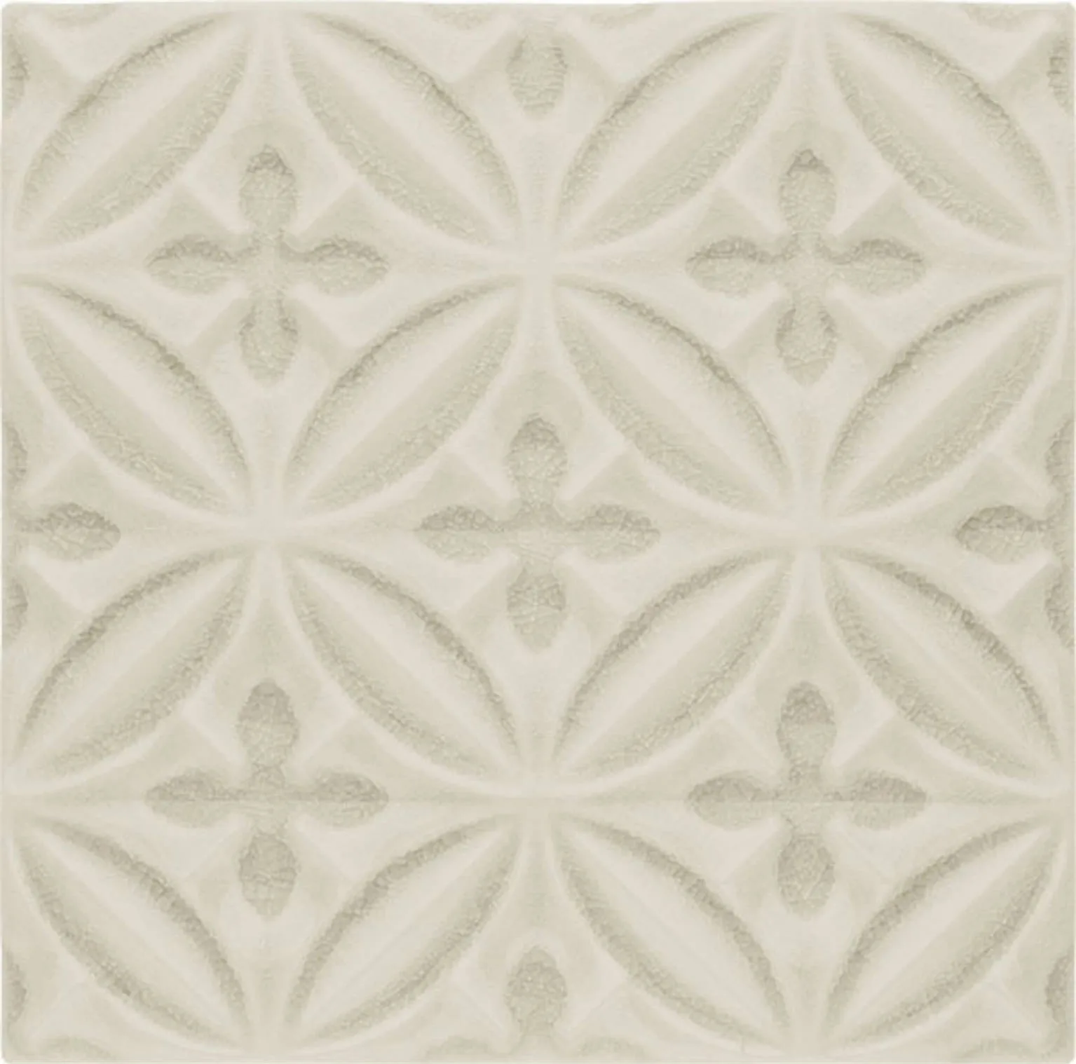 Caspian Deco 6x6 ceramic tile in Sand Dollar color, featuring a wave-inspired design and undulating surface.