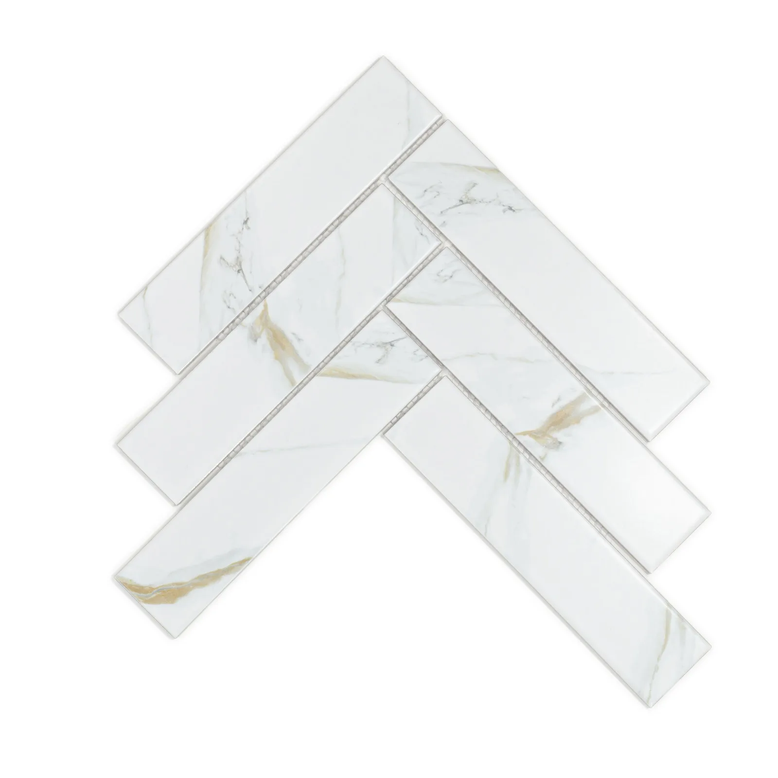 Bode Mosaic Tile in Statuario White and Calacatta Gold, Herringbone and Hex shapes, 12-3/4x11 sheet, decorative glass tile