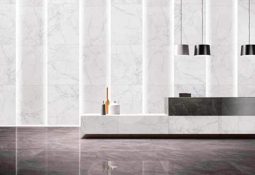 Ellum Stone Porcelain Tile in polished and matte finish, available in sizes 12x24 and 3x12, made from durable porcelain material.
