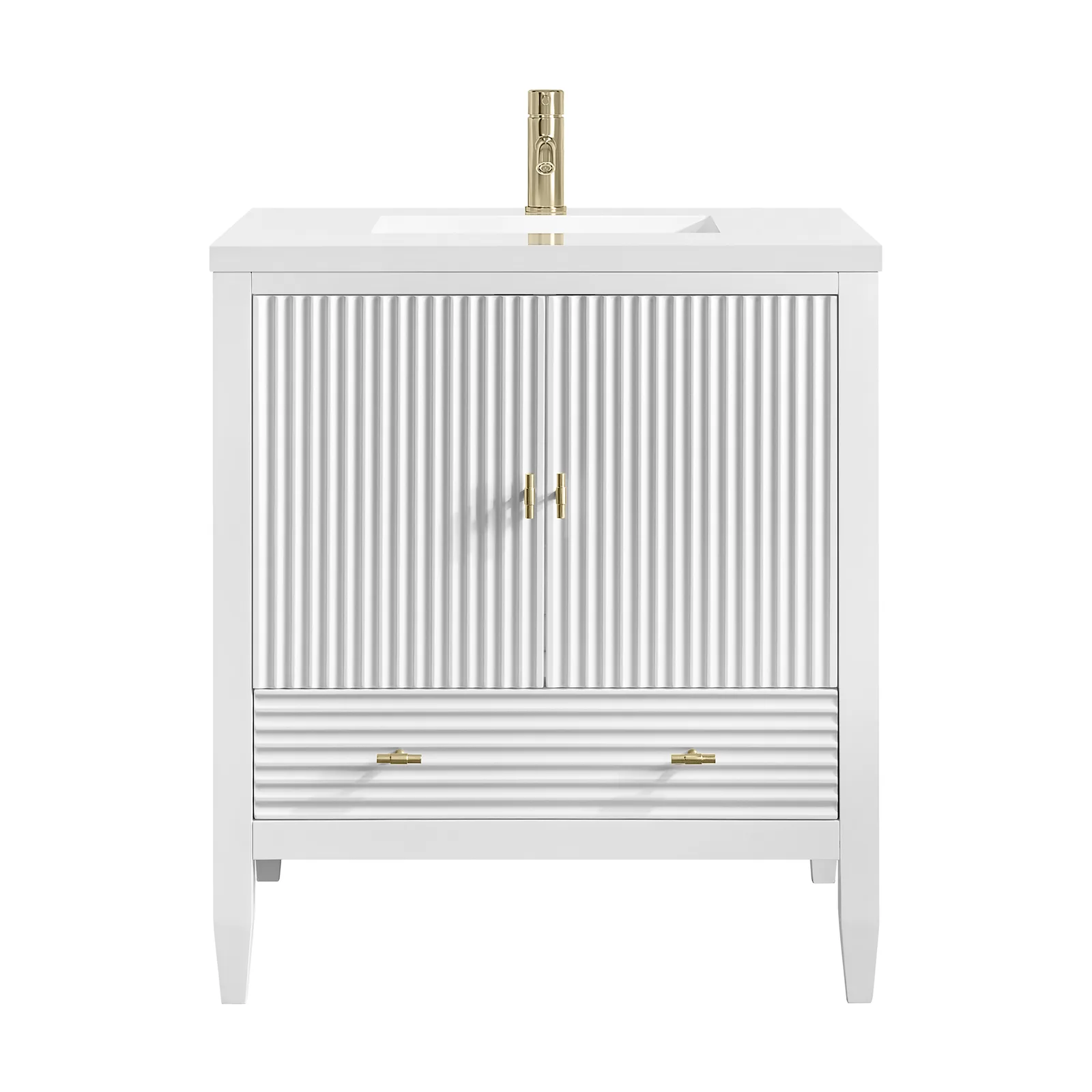 Myrrin 30" Vanity in Bright White with White Zeus Silestone countertop, featuring fluted detailing and Champagne Brass hardware
