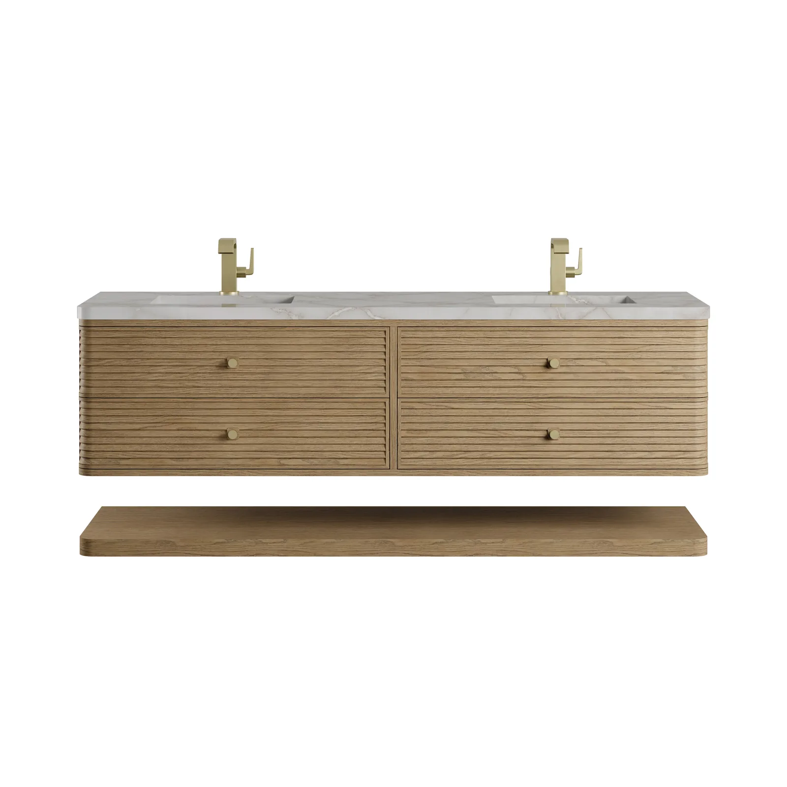 Allamari 72" Vanity in Dune Mist finish, made of solid ash wood with Champagne Brass hardware