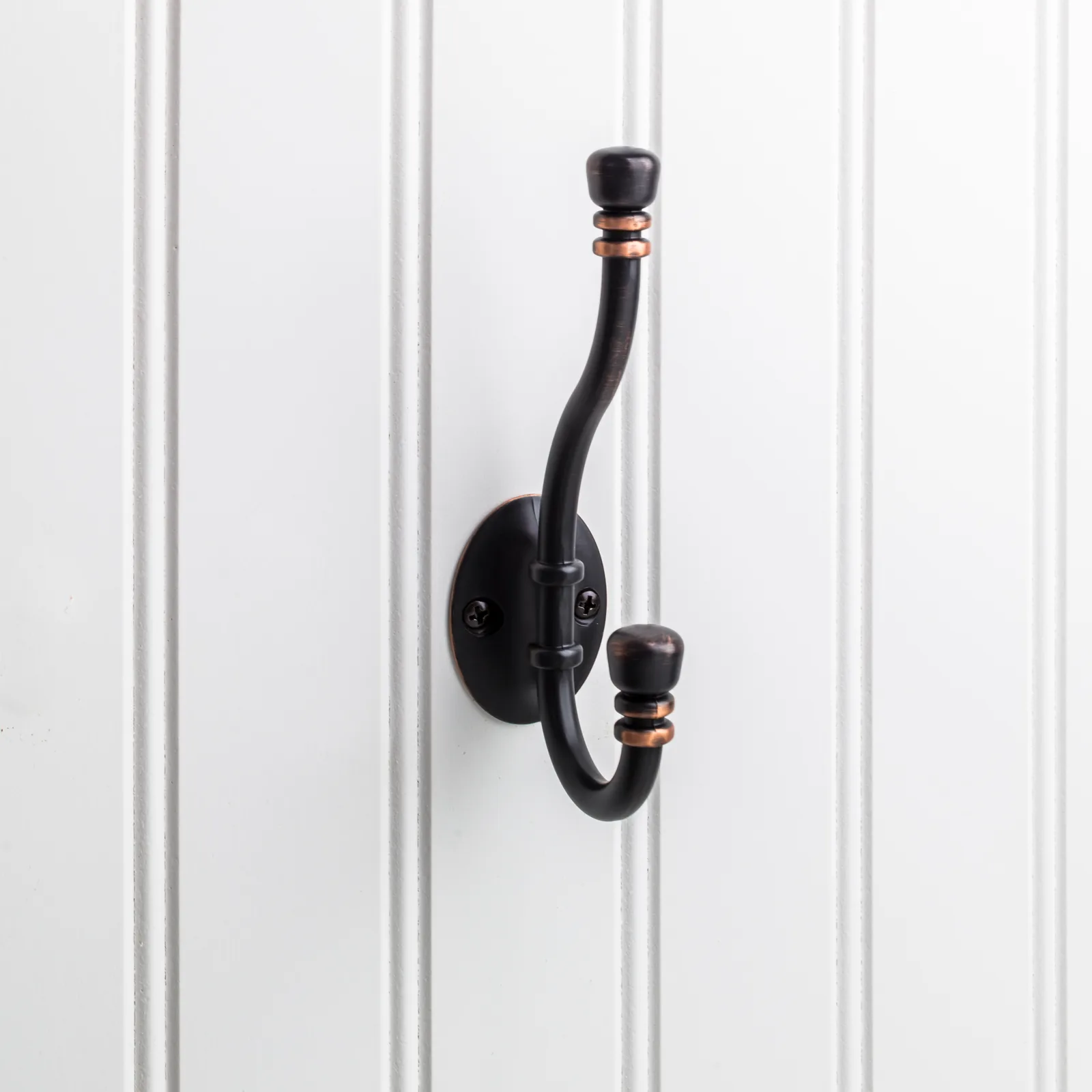 5-3/16" Double Zinc Wall Mount Hook in Brushed Oil Rubbed Bronze finish, decorative hardware for coats and accessories