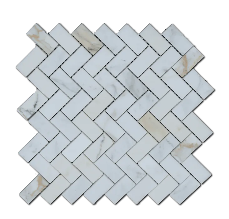 Calacatta Gold Herringbone Mosaic Tile in polished finish, marble material, elegant design suitable for floors and walls
