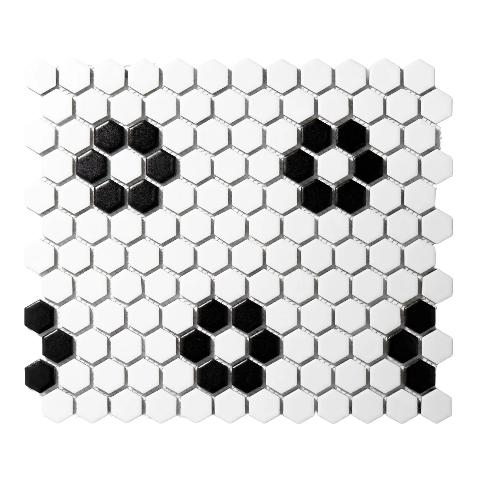 Metro Hex Mosaics in Black, Calacatta Gold, and White with Black Floral Mix, Porcelain, Hexagon 4x4 and 1x1 sizes