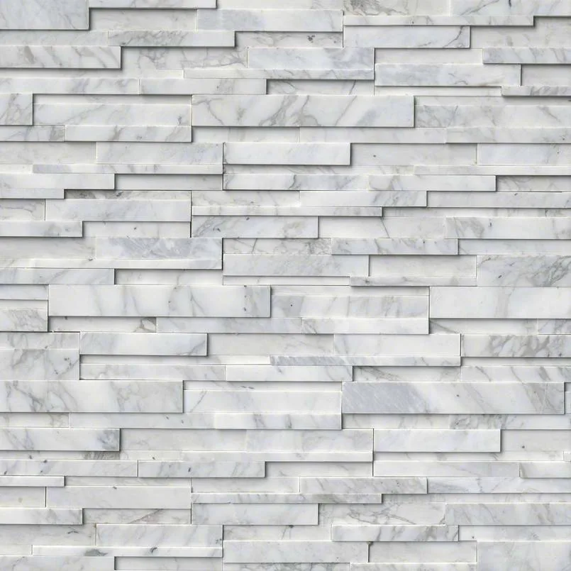 Calacatta Cressa 3D Panel in white cool finish, honed texture, size 6x24 inches, stacked stone material