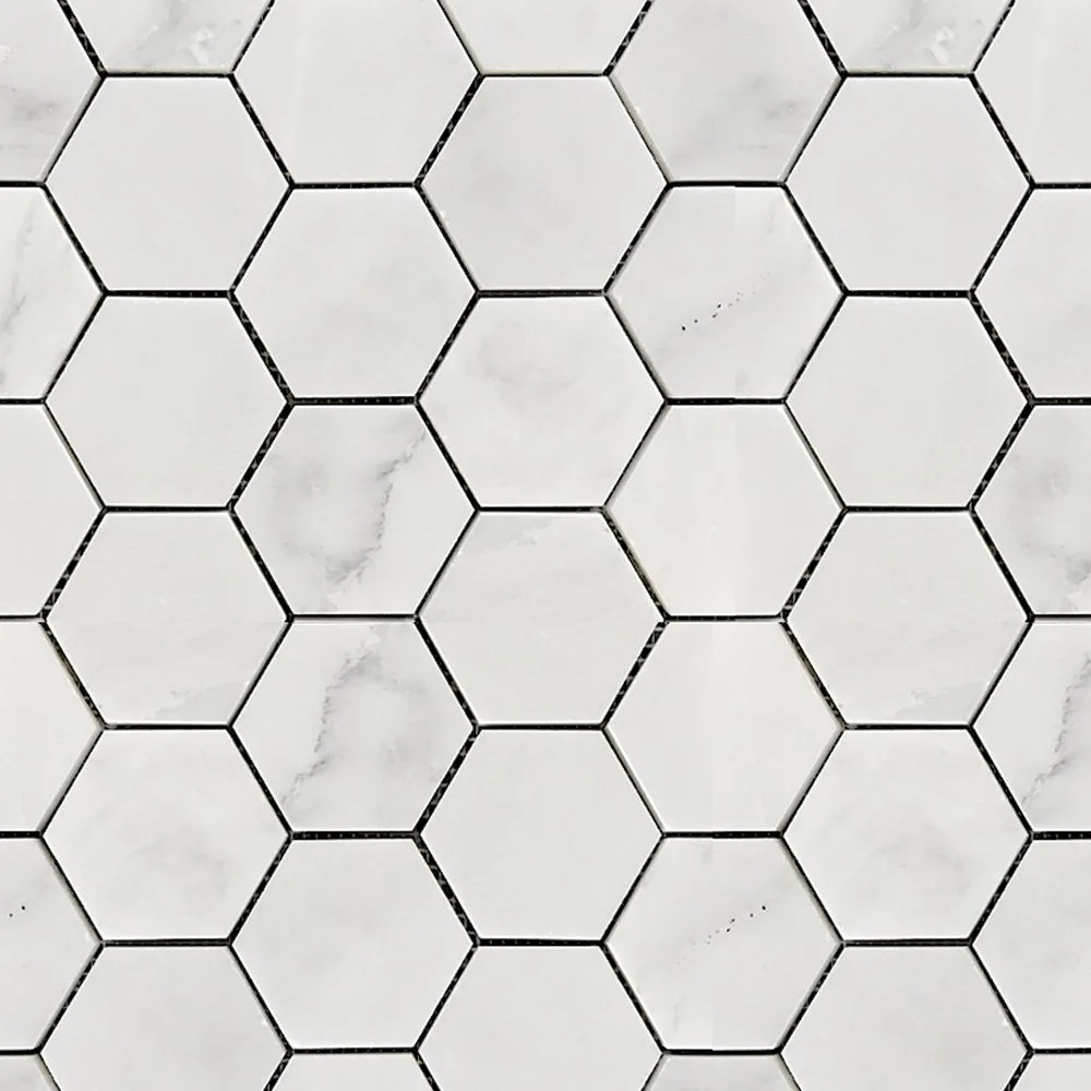 Della Statuario Mosaic Hex Porcelain Tile in polished finish, 3.5 inch hexagon shape