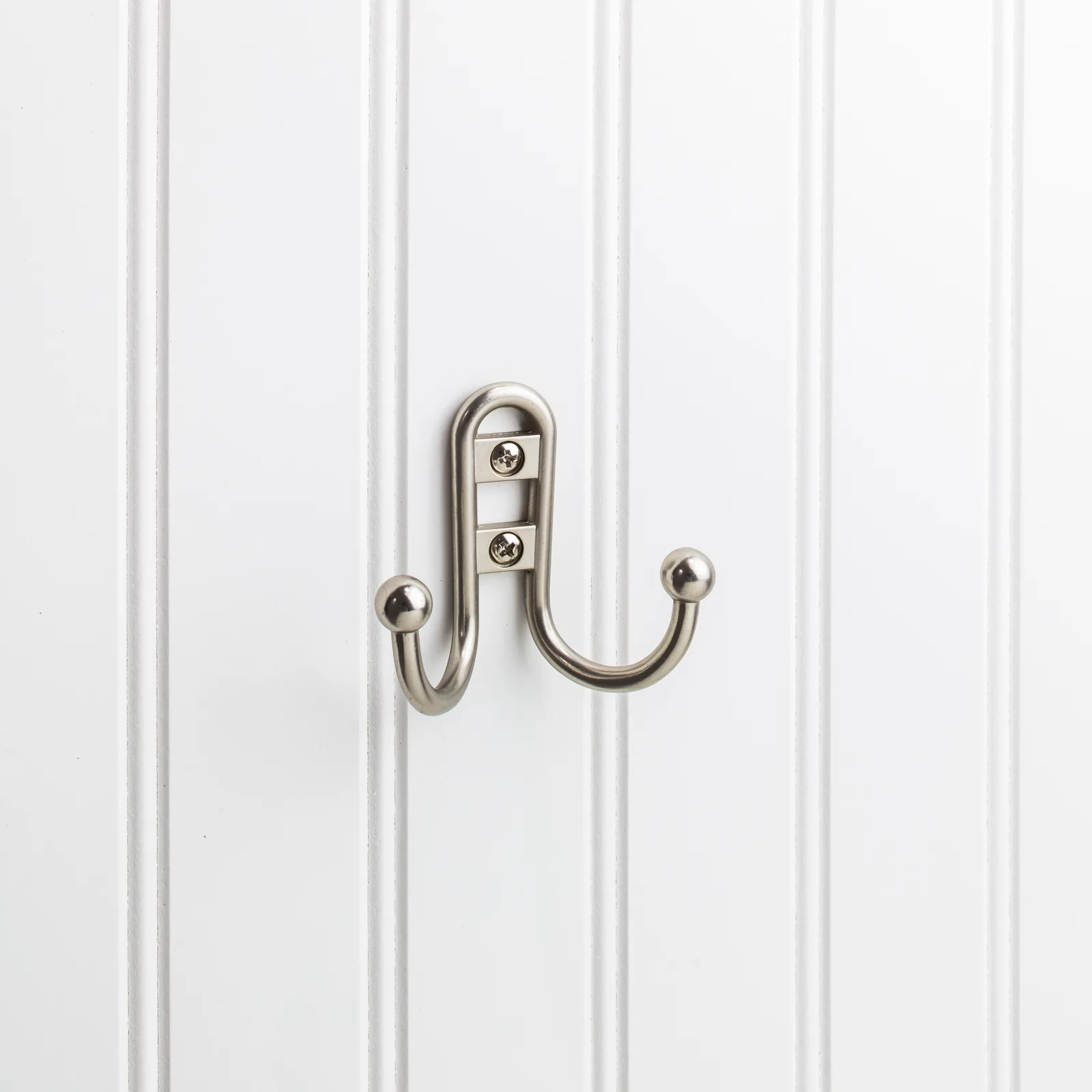 2-9/16" Double zinc wall mount hook in satin nickel finish, decorative hardware for home organization