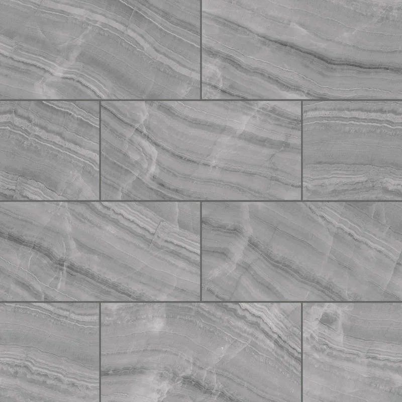 Grey Onyx porcelain tile in honed and polished finishes, available in 12x24, 3x24, and 24x48 sizes, perfect for floors and walls.