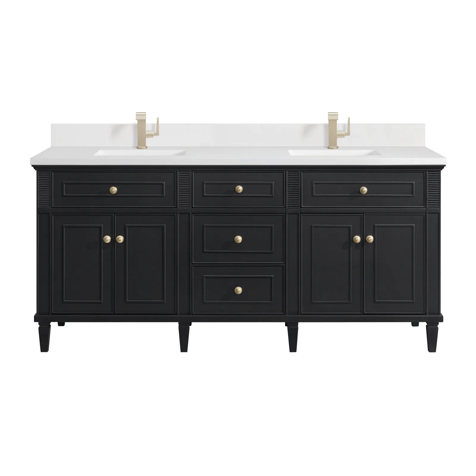 Lorelai 72" Vanity in Black Onyx finish, made of Yellow Poplar and Ash, showcasing elegant design and ample storage.