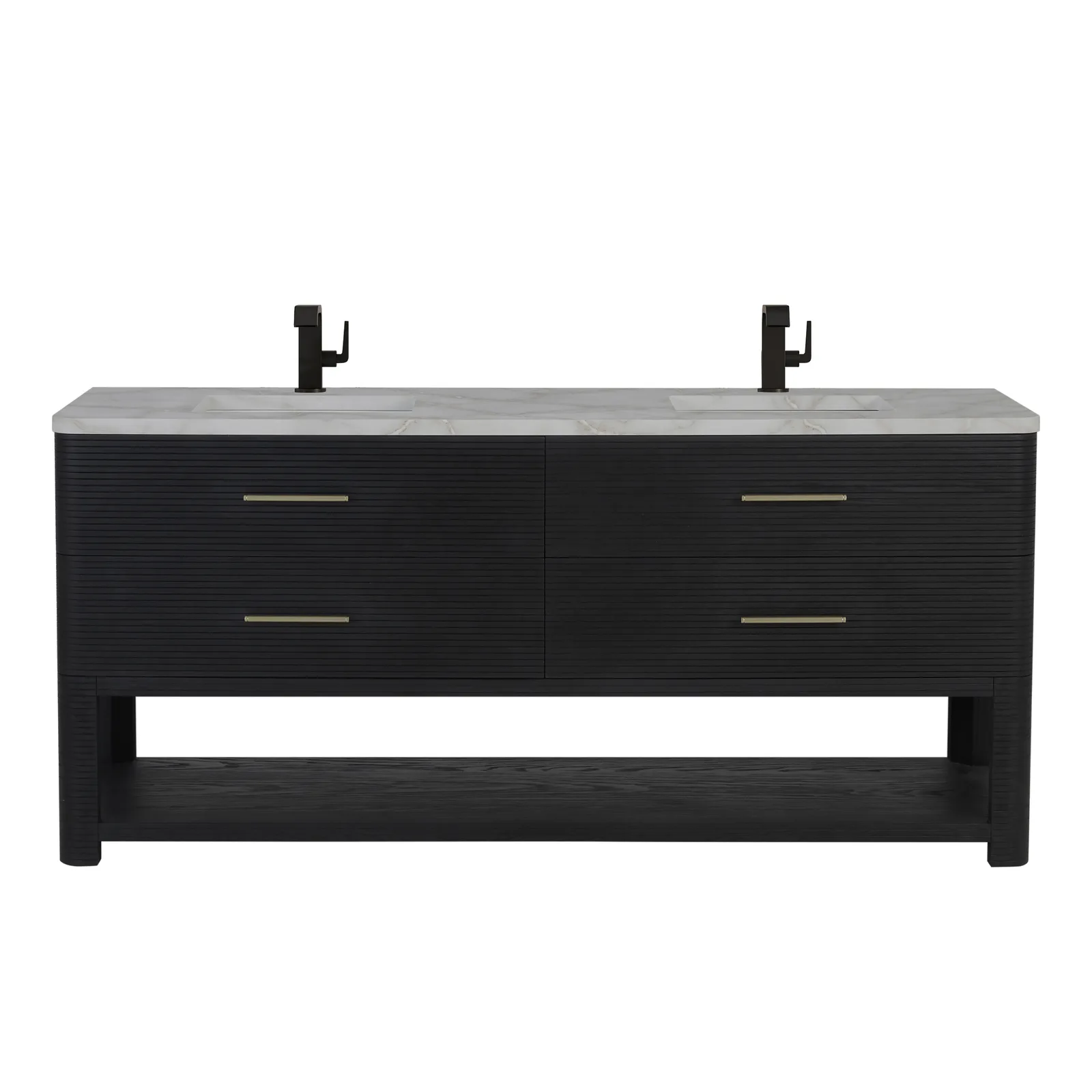 Lucian 72" Vanity in Pebble Oak with Silestone White Zeus countertop and undermount porcelain sinks, modern luxe design, freestanding vanity