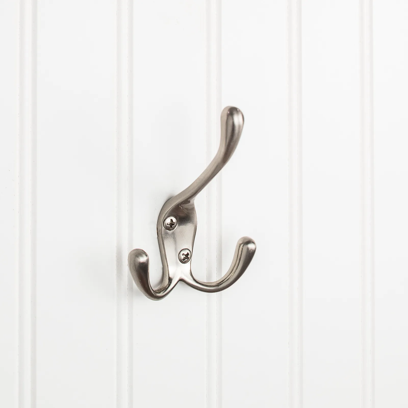 4" Triple Zinc Wall Mount Hook in Satin Nickel finish, decorative hardware for home organization