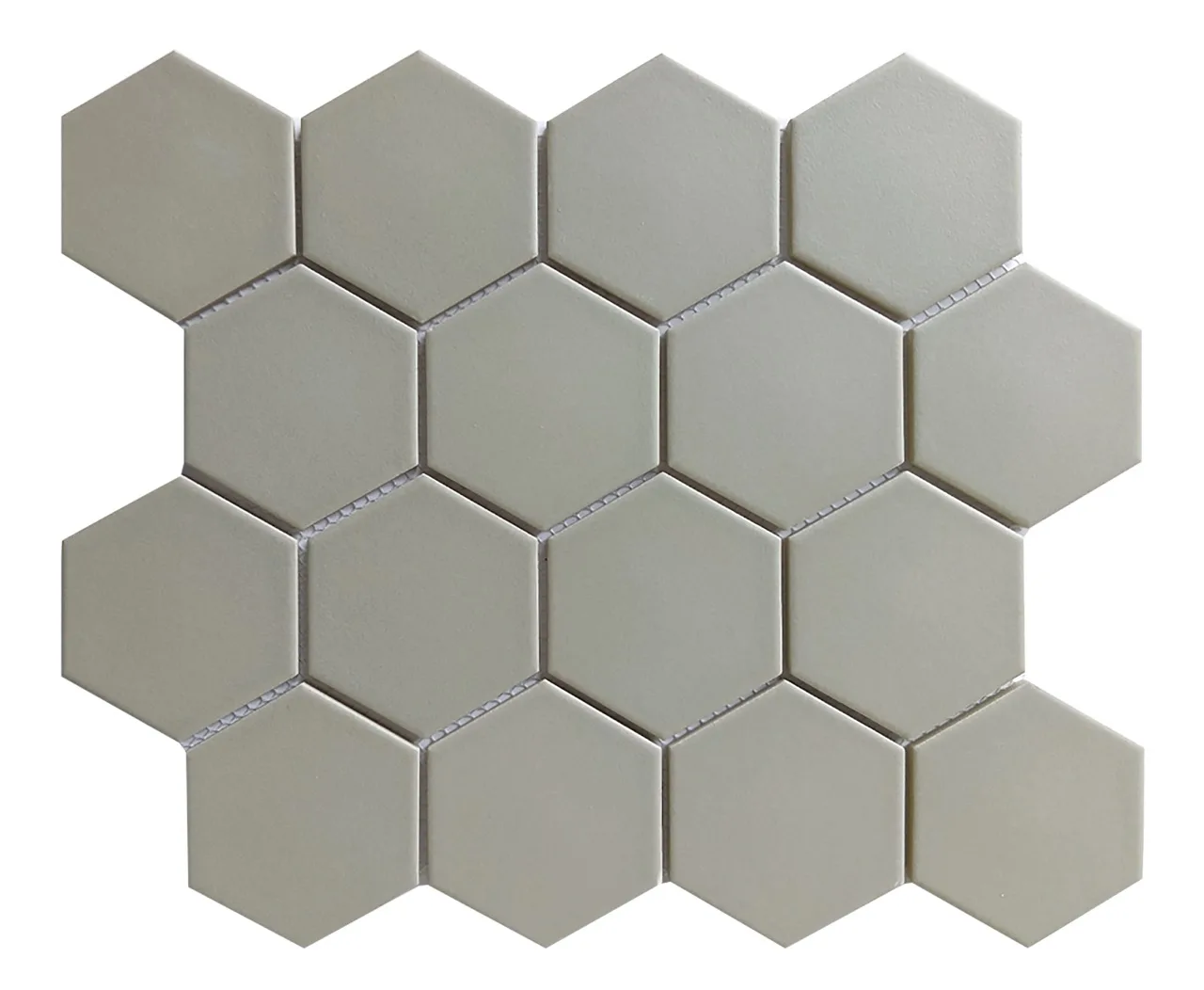 Matte Tender Gray 3x3 Hexagon tile in glazed porcelain finish, 12x12 size