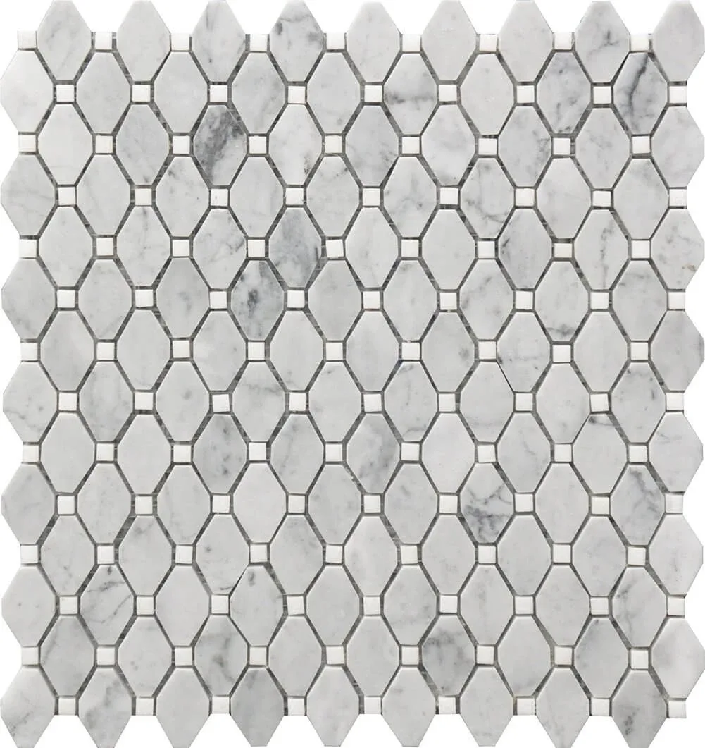 Small Marble Rhombus Mosaic Tile in natural stone and glass, 12x12 size, perfect for modern interior design