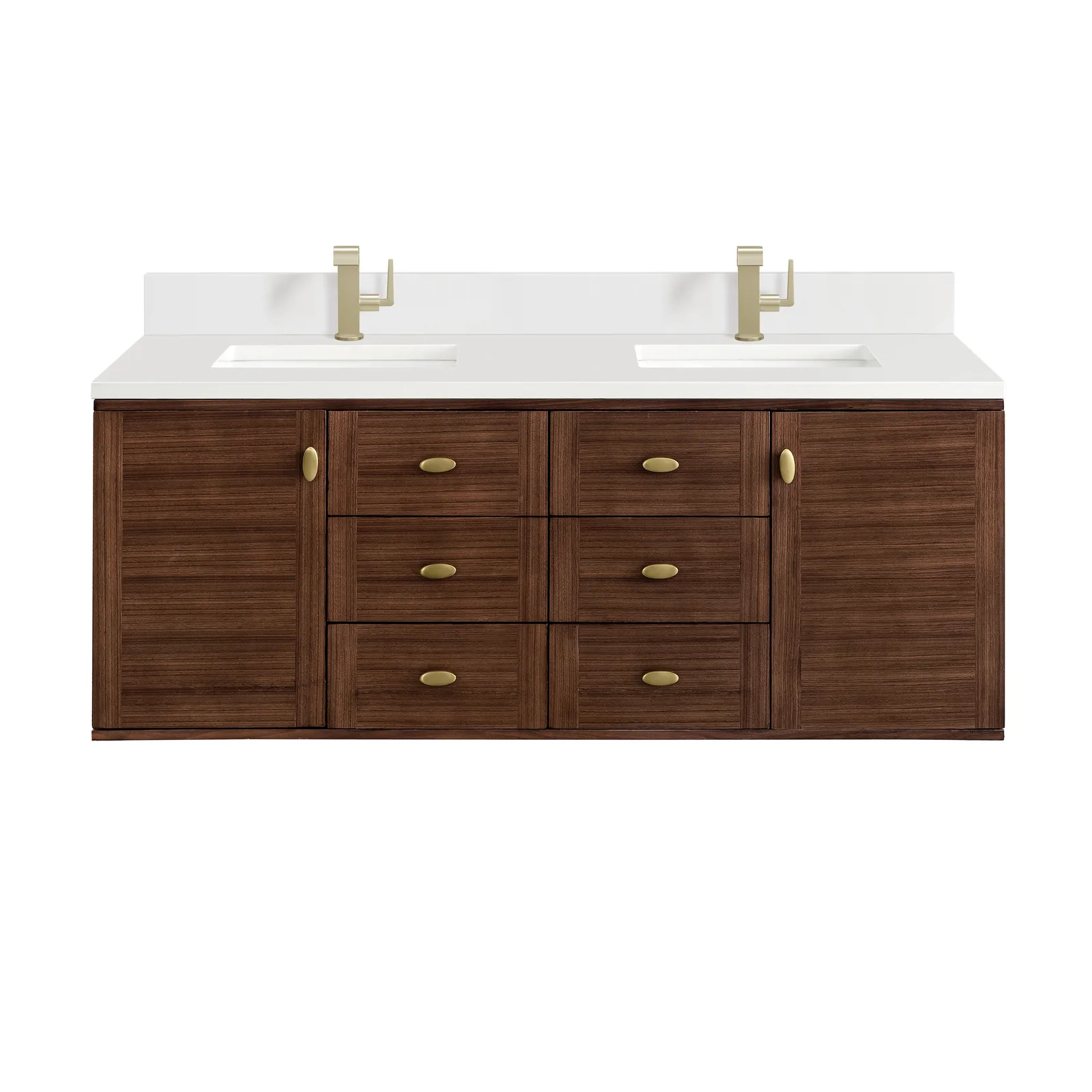 Amberly 60" Vanity in Mid-Century Walnut finish made of rubber wood with champagne brass hardware