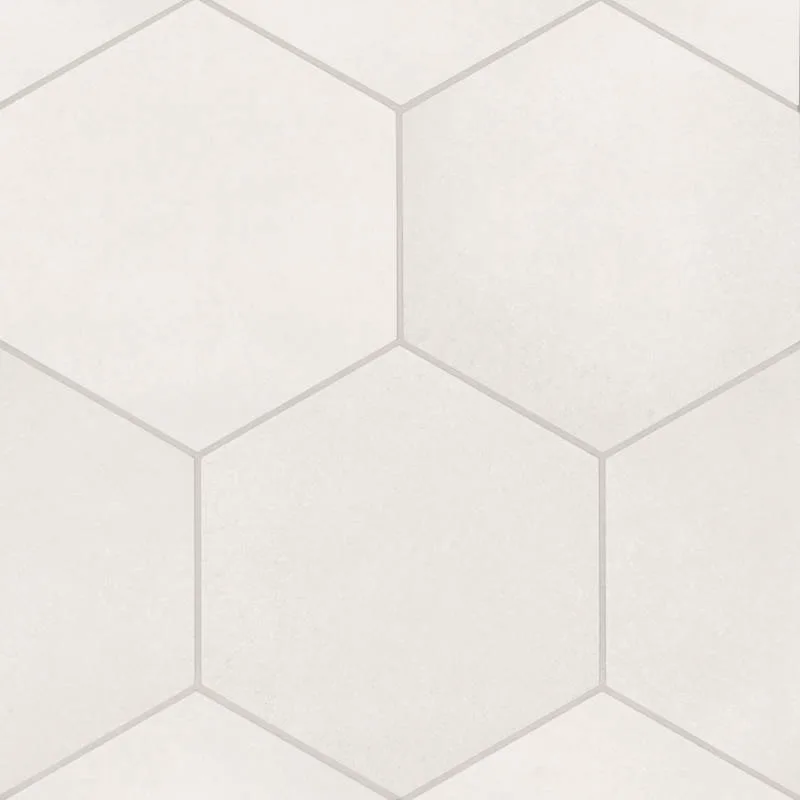 Shoji White Mosaic Tile in matte finish, hexagon and circle shapes, ceramic and porcelain materials, 10x10 and 0.5x8 sizes.