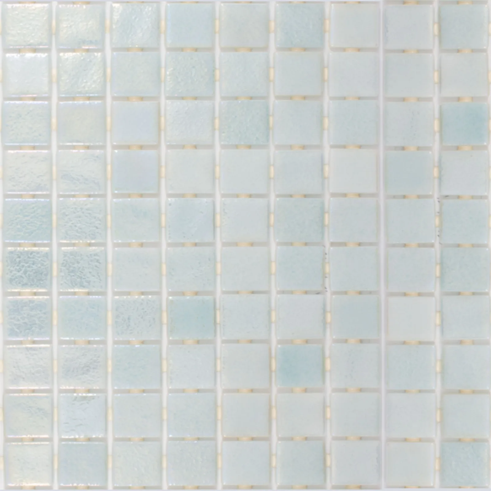 Onix Glass Opalescent Mosaic Tile in Verde, Mix Azul, Marino Azul, Celeste Azul, Beige, Cielo Azul, Claro Verde colors, glossy finish, 1x1 inch, glass material
