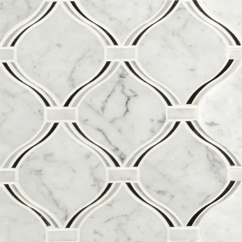 Danza Aarabesque mosaic tile in polished finish, 5/16 thickness, showcasing an artistic design in elegant colors