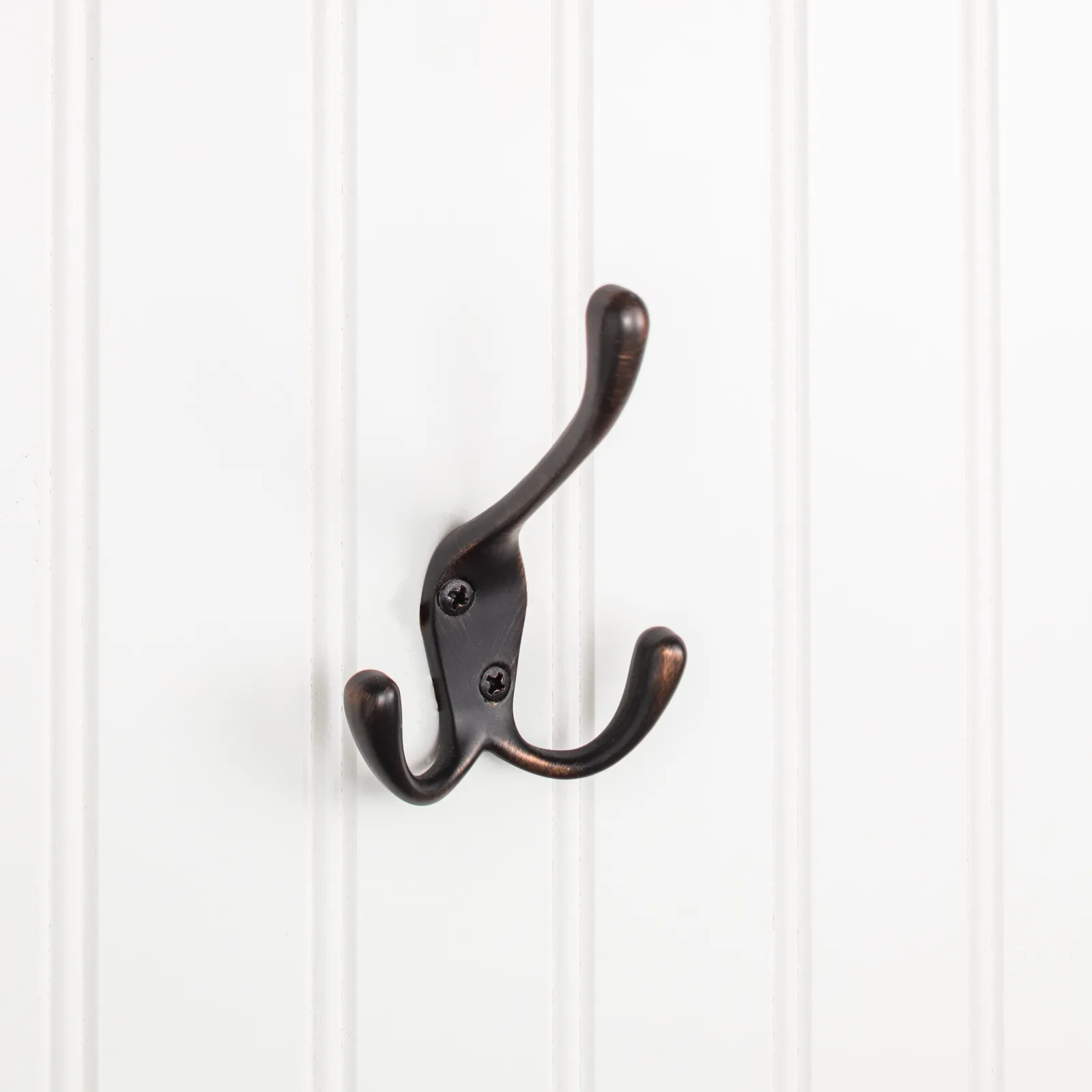 4" Triple Zinc Wall Mount Hook in Brushed Oil Rubbed Bronze finish, decorative hardware for stylish organization
