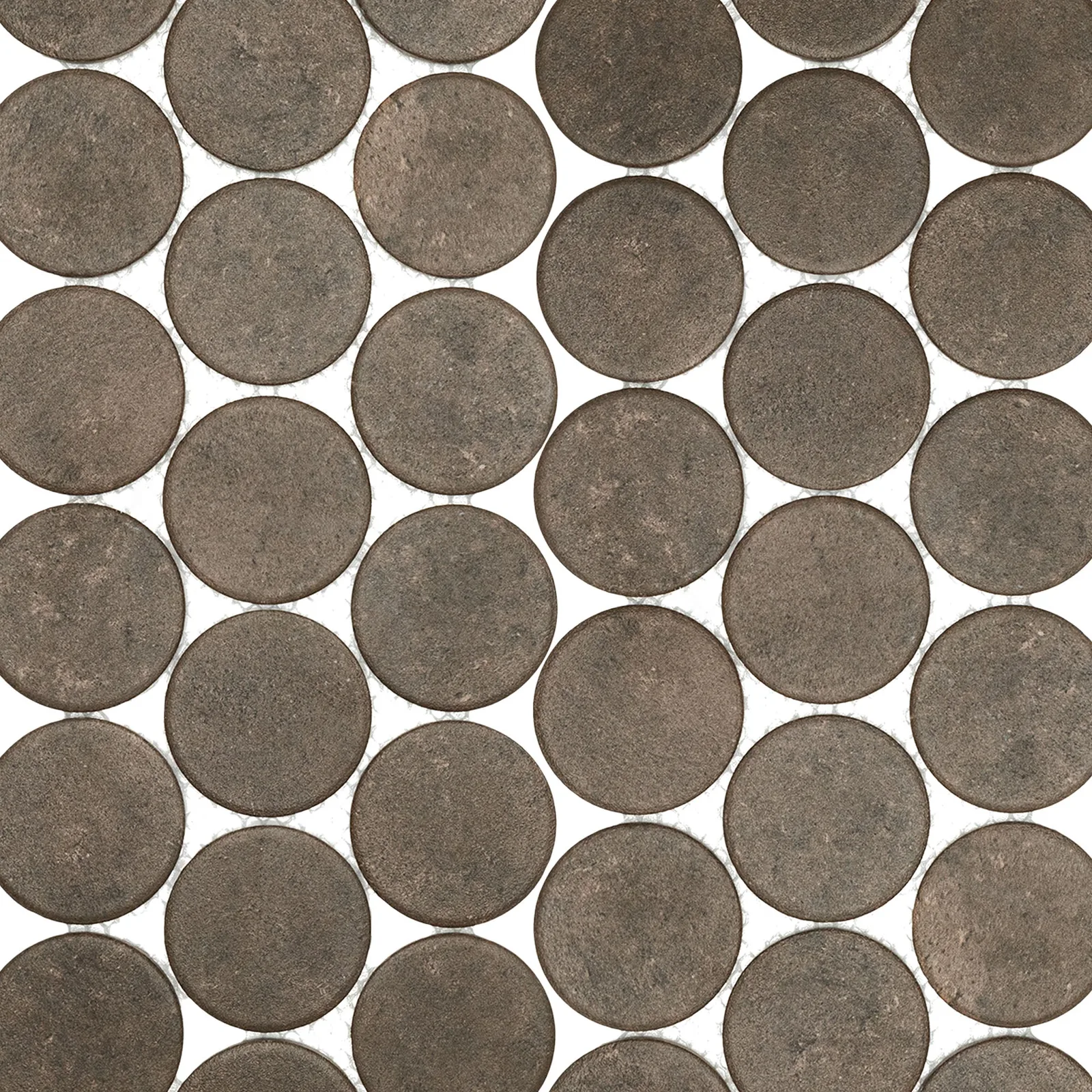 Stage Penny Mosaic Tile in Natural Finish, 2x2 size, Porcelain, available in various colors including Brown, Charcoal, Denim, Forest, Grey, Taupe, Terracotta, and White.